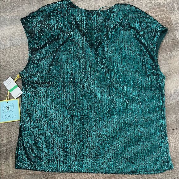 CeCe Sequined V-Neck Cap-Sleeve Green Blouse-Size Large - Picture 2 of 7